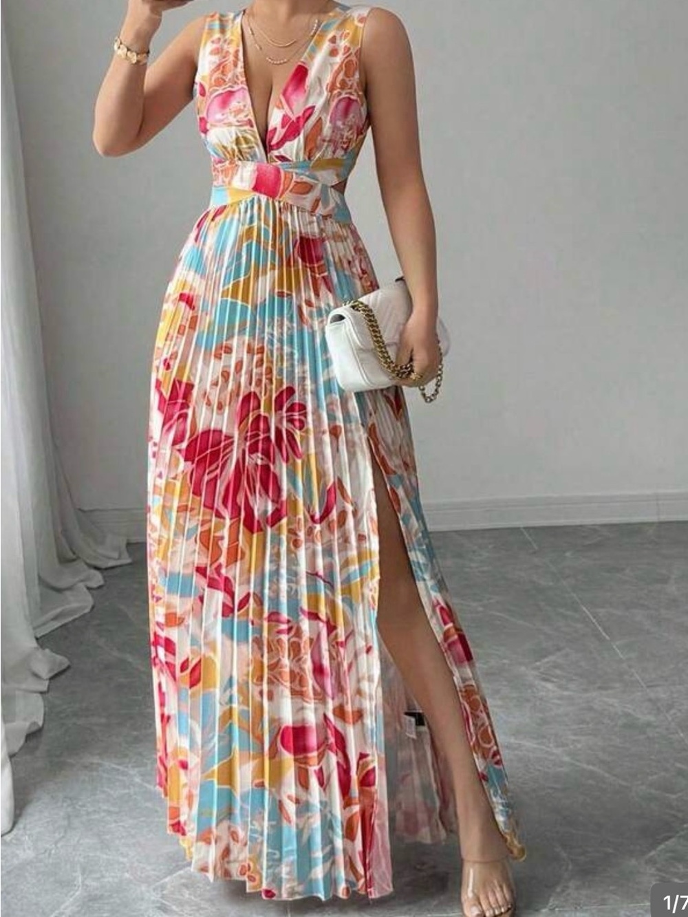 Plunge Floral Pleated Maxi Dress in Pink & Blue